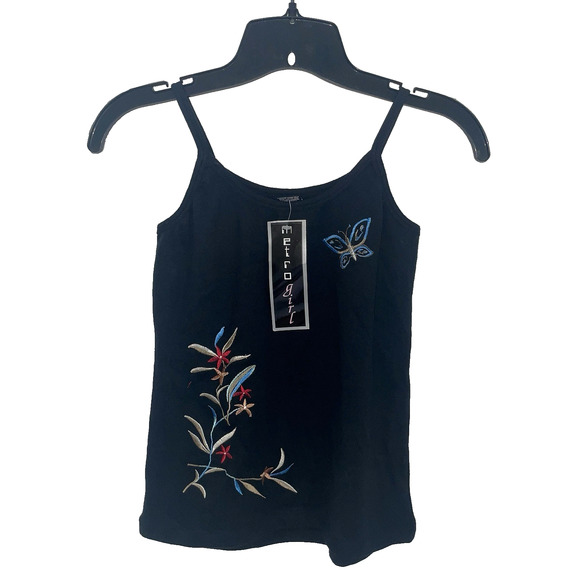 Y2K Metro Girl Tank Top M Black Butterfly Floral Embroidered Camisole NWT - Picture 1 of 8